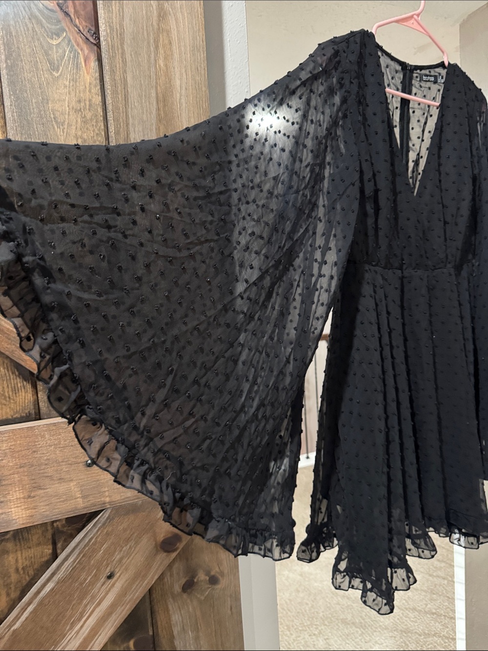 Boohoo Black Sheer Swiss Dot Ruffle V-Neck Tunic Dress - Picture 2 of 4